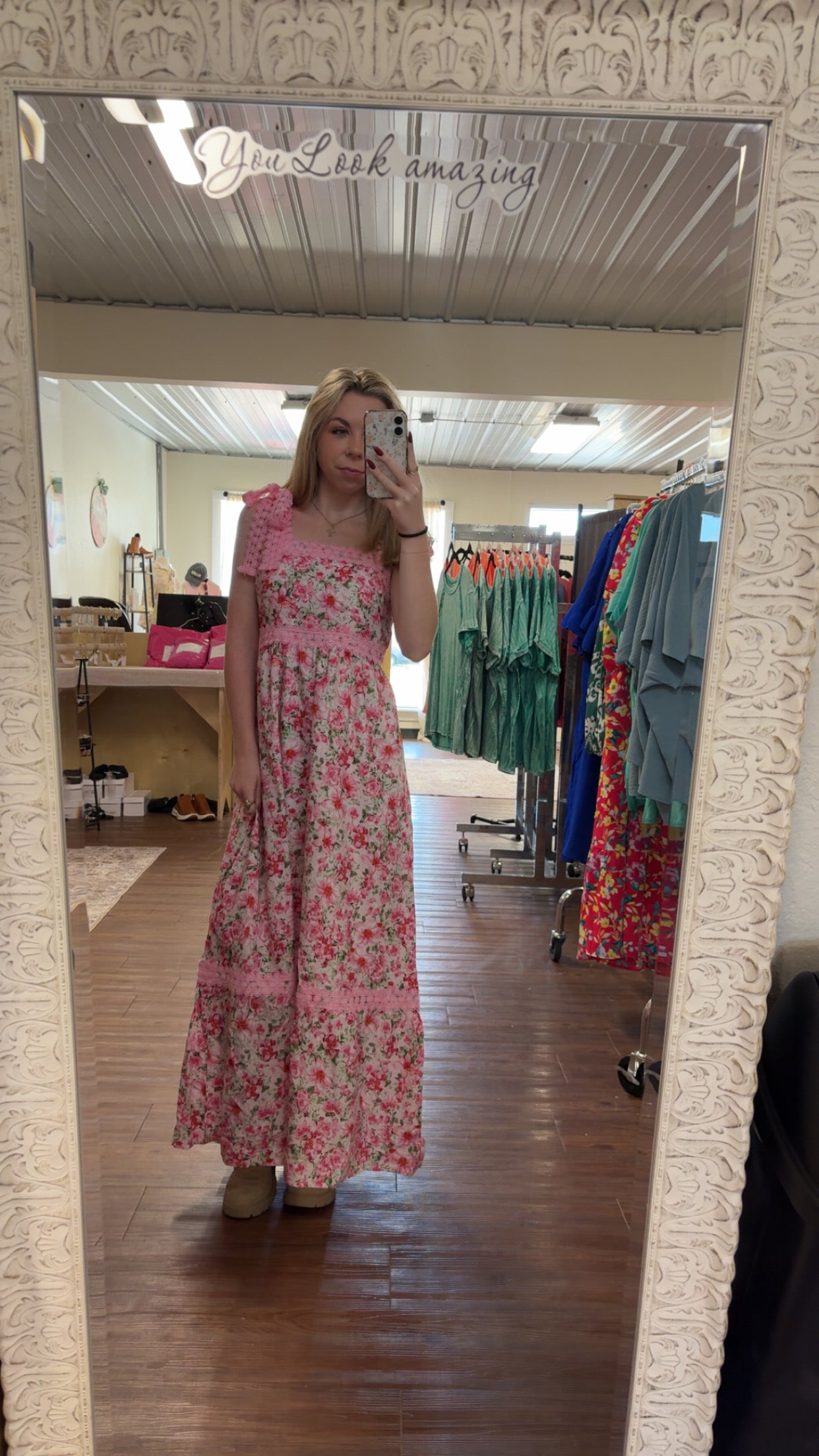 Pink Floral Lace Maxi Dress