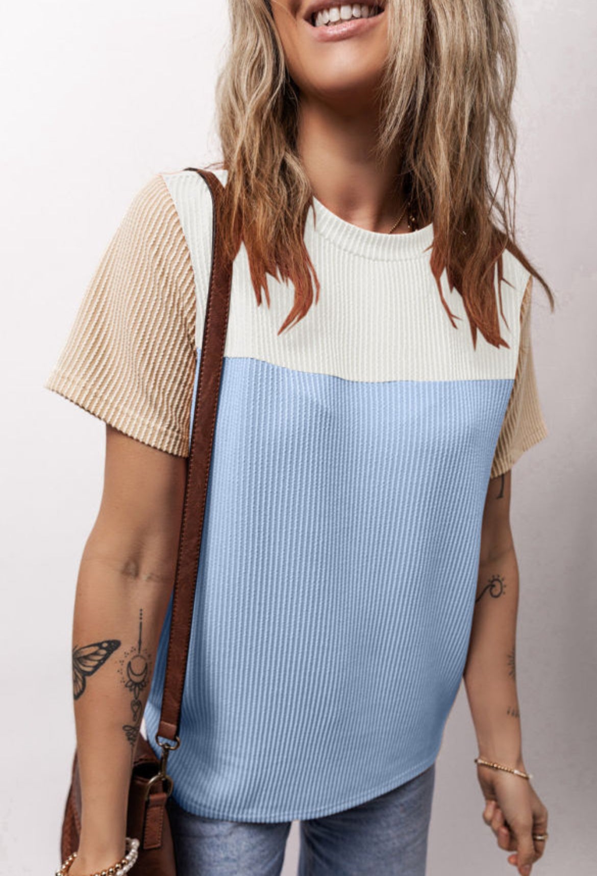 Light Blue Ribbed Colorblock Top