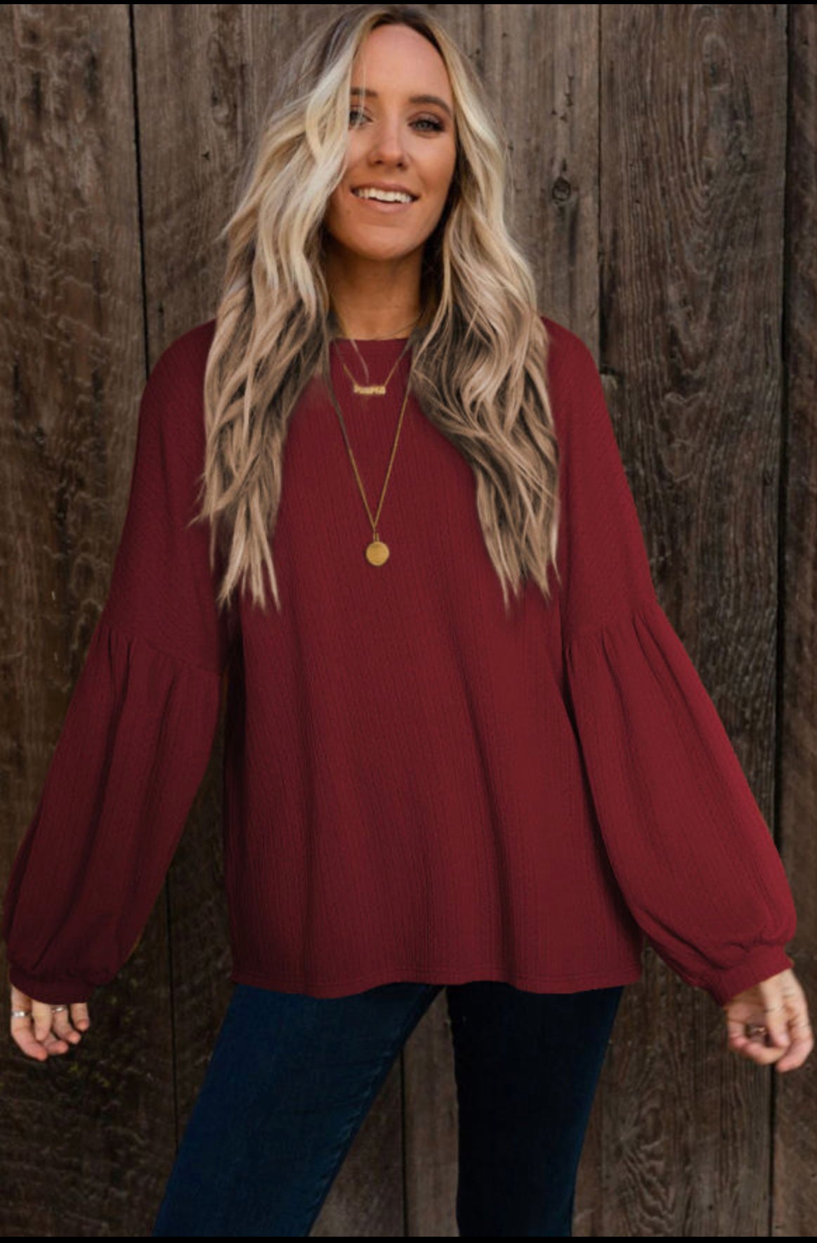 Dark Red Knit Jacquard Puffy Long Sleeve Top