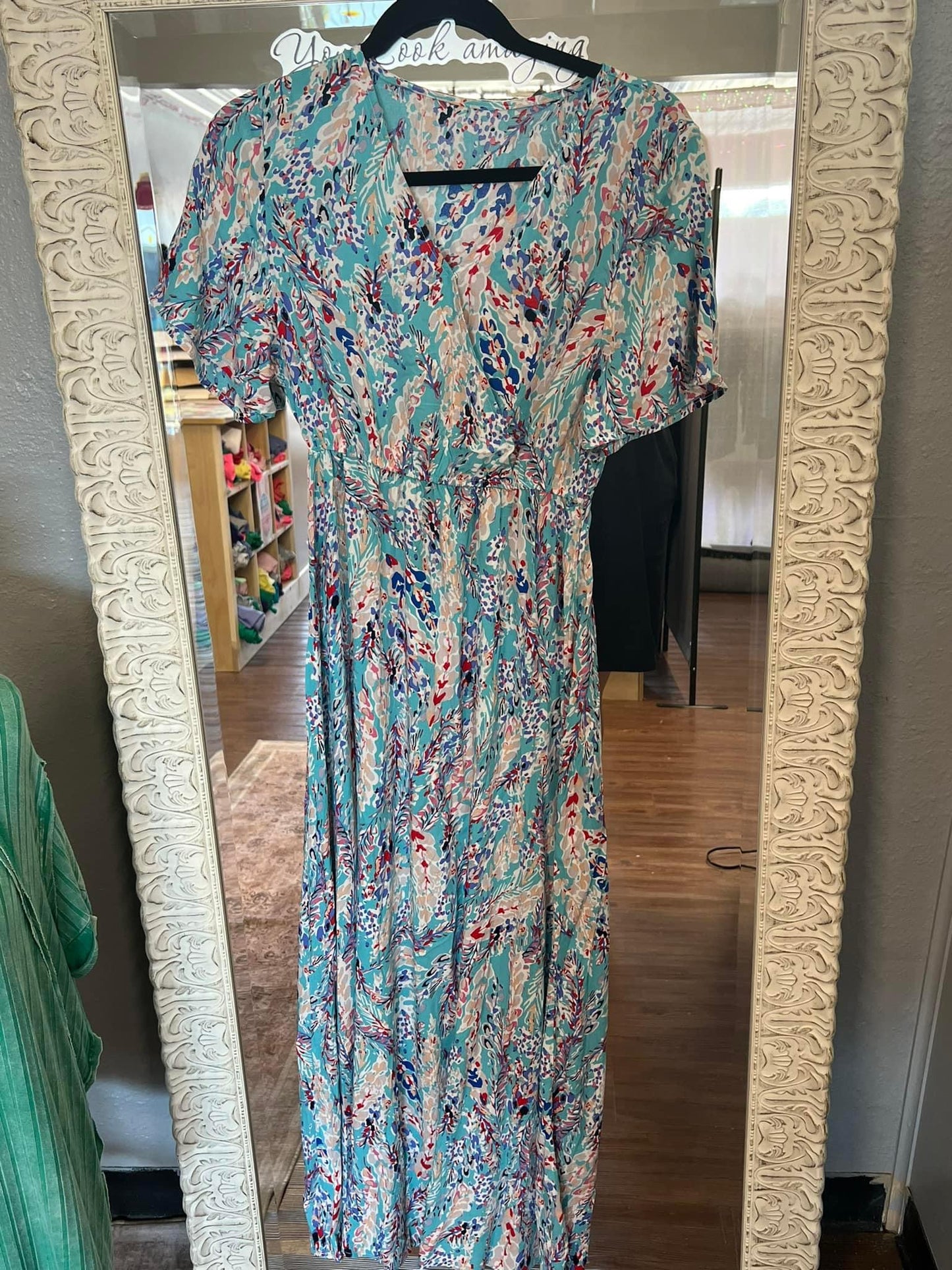 Maxi Dress VNeck Teal Spring Floral