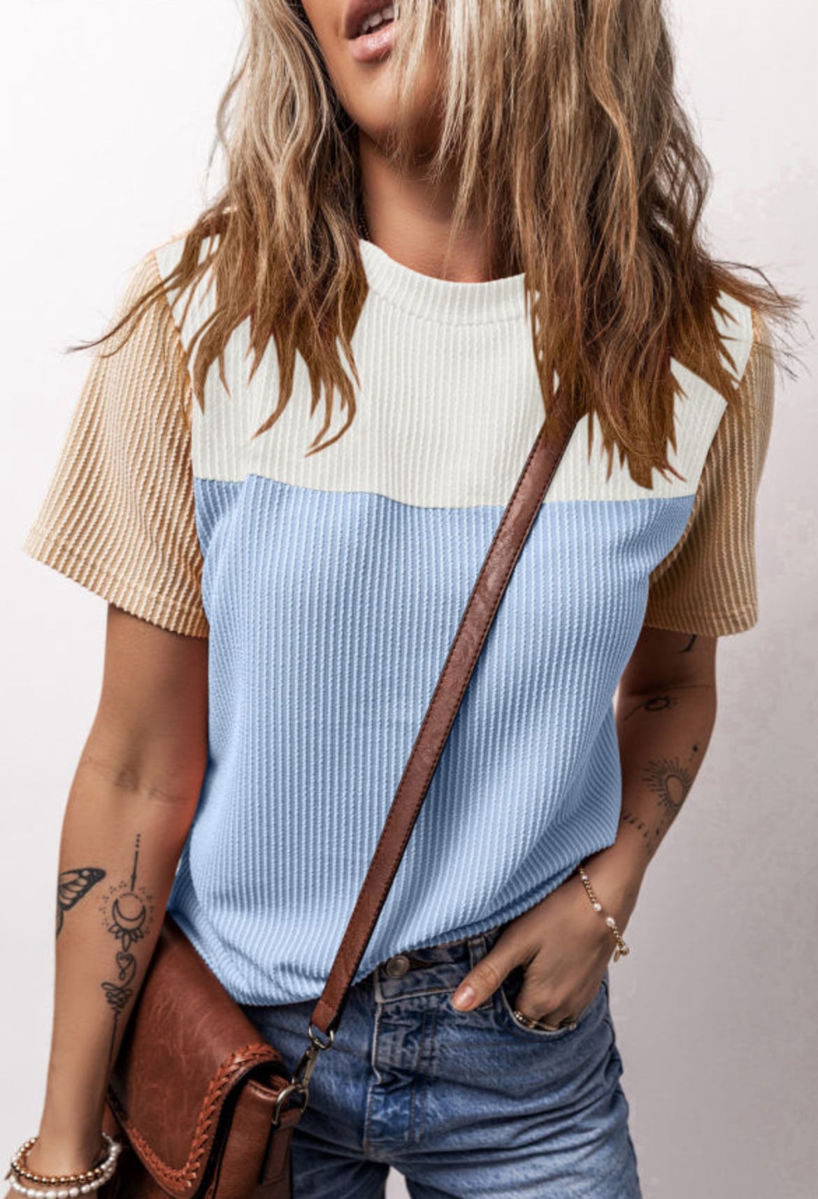 Light Blue Ribbed Colorblock Top