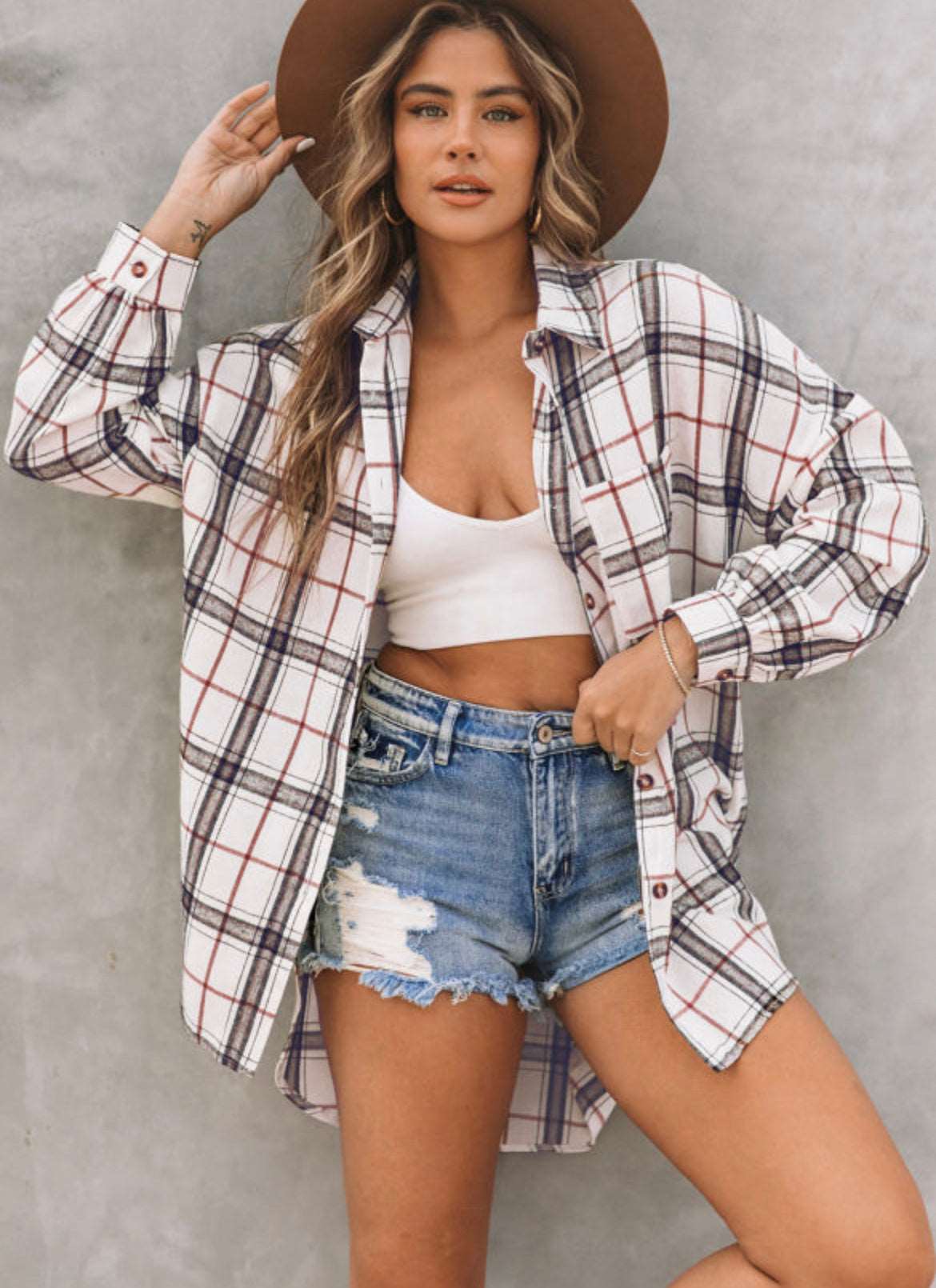 Beige Oversized Plaid Pattern Shacket with Slits