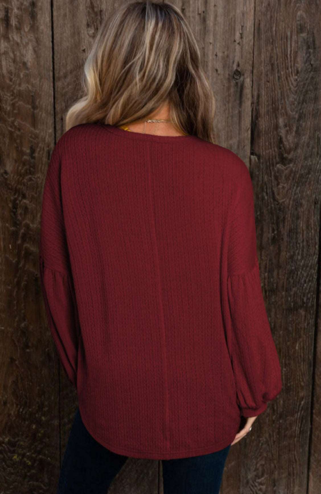 Dark Red Knit Jacquard Puffy Long Sleeve Top