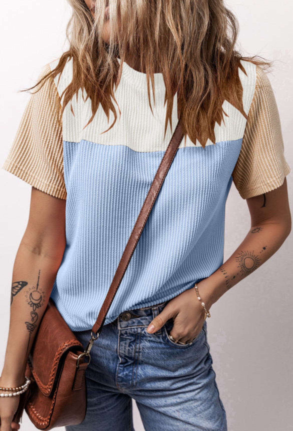 Light Blue Ribbed Colorblock Top