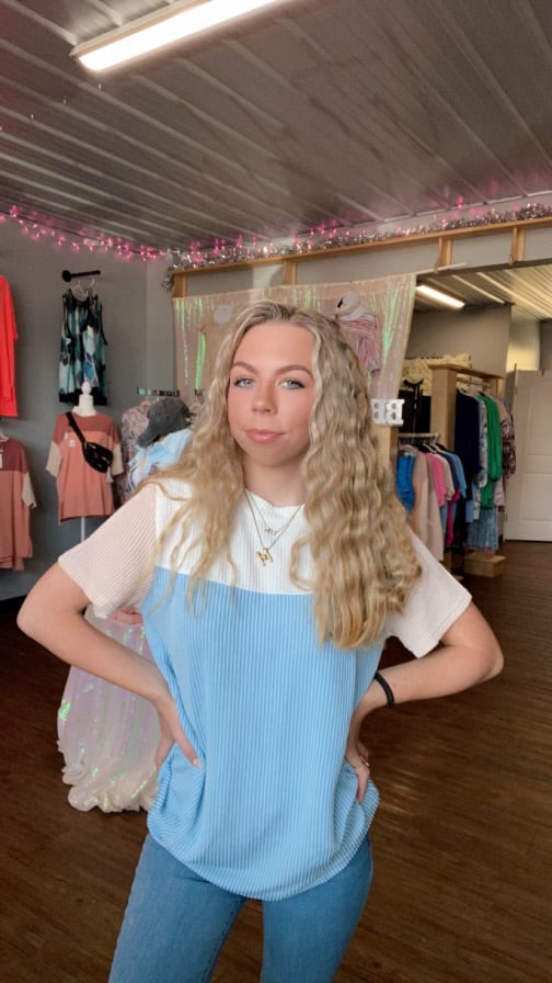 Light Blue Ribbed Colorblock Top