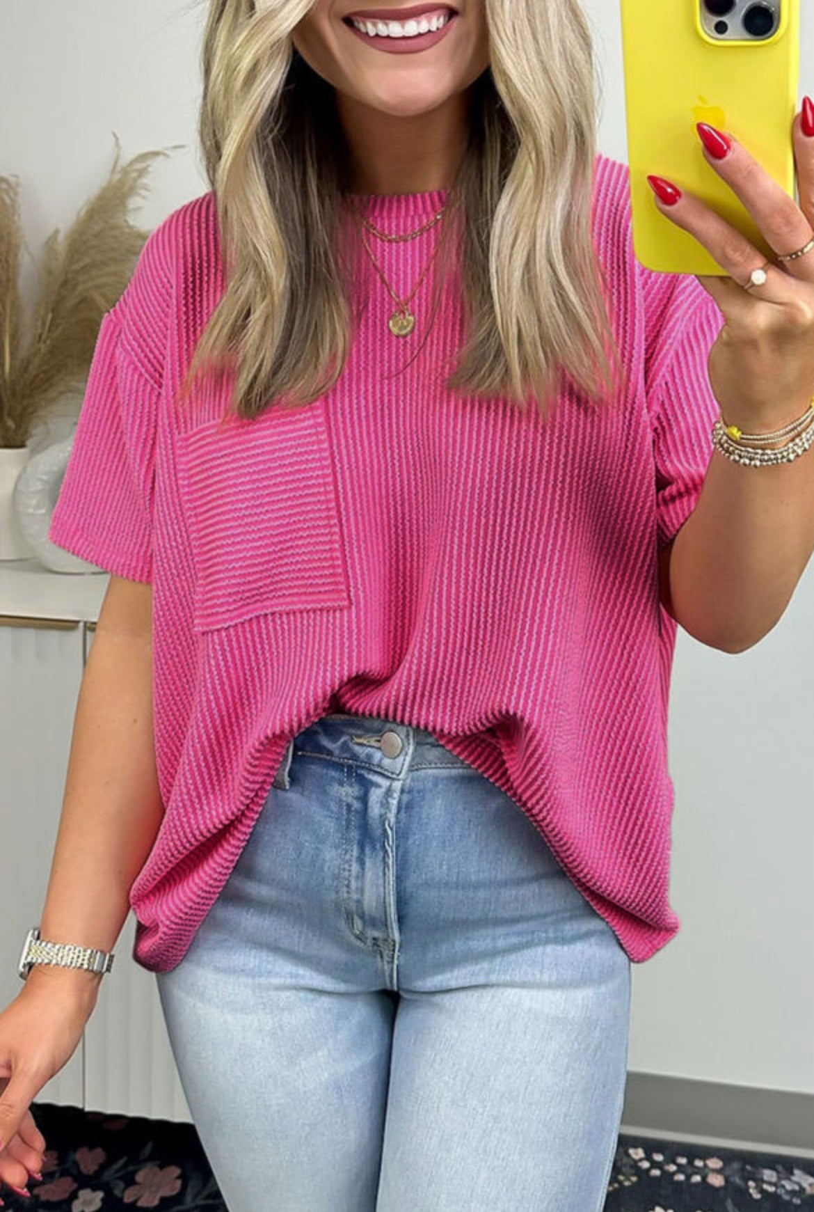 Pink Corded Round Neck Top