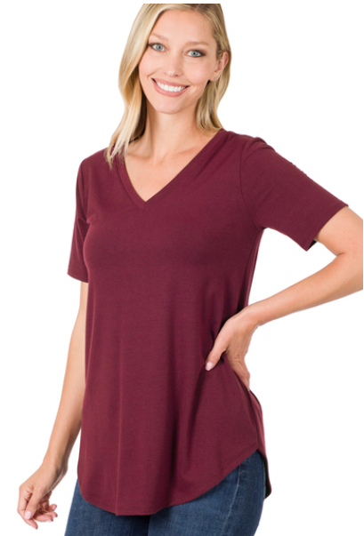 Burgundy V Neck Round Hem Top