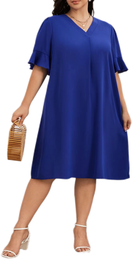 Blue V-Neck Ruffled Sleeve Short Sleeve Dress