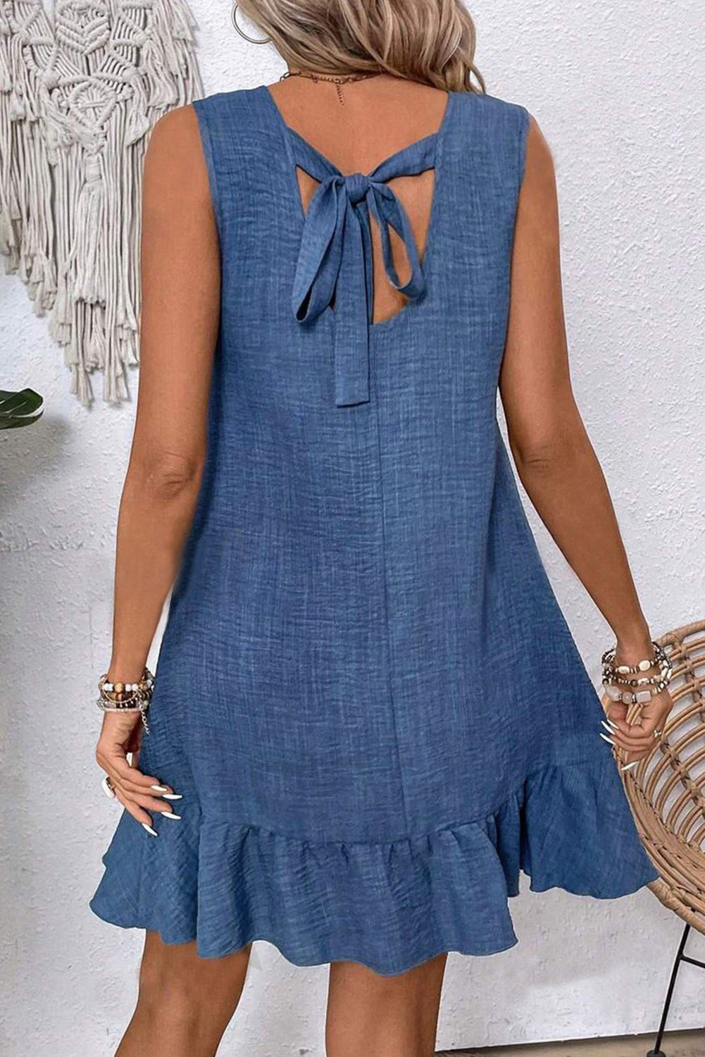 Blue Scoop Back Ruffle Hem Dress