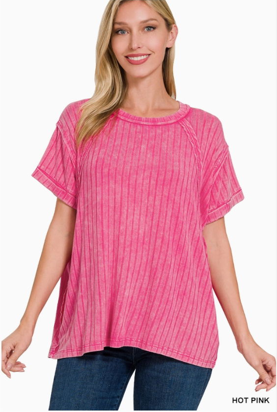 Hot Pink Ribbed Boat-Neck Top